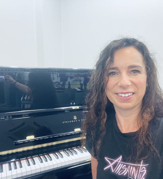 Helen Spooner and Steinway piano in holding room before performing on The Piano, Channel 4