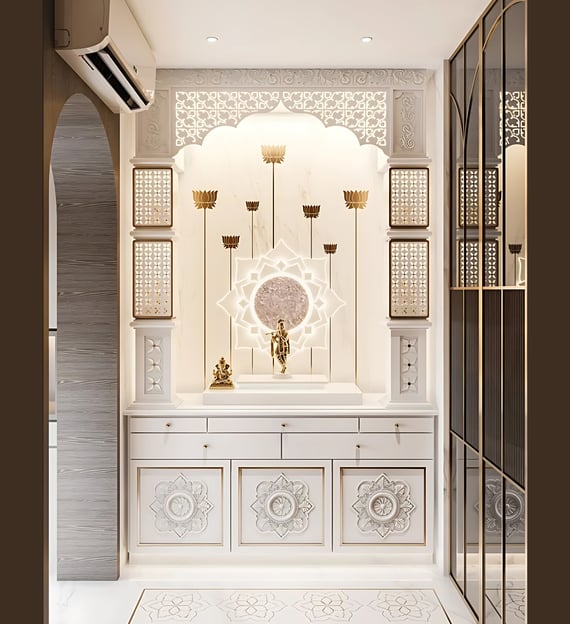 A modern CORIAN TEMPLE with intricate white carvings, lotus motifs, and a central deity statue, 