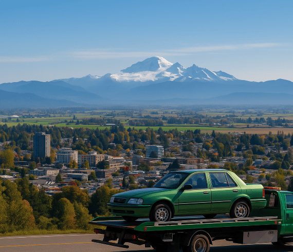 A panoramic view of Abbotsford, BC, with Mount Baker in the background and a green tow truck.