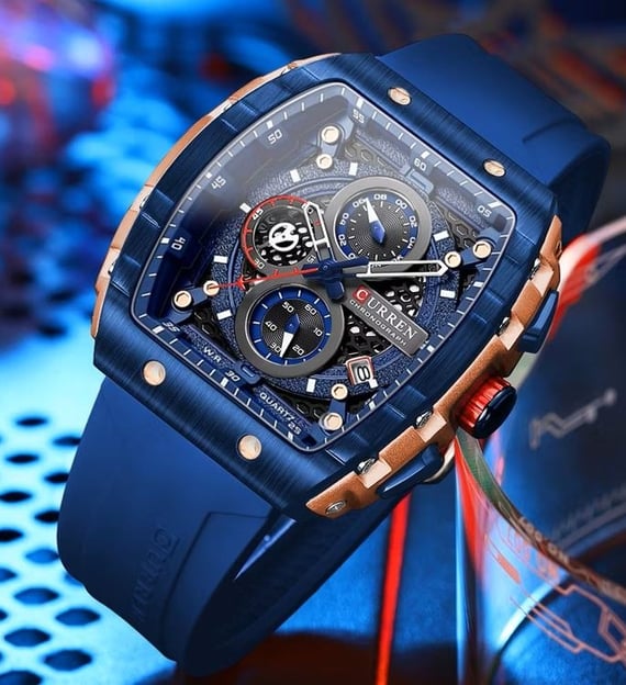 Relógio quadrado pulseira azul silicone cronógrafo 