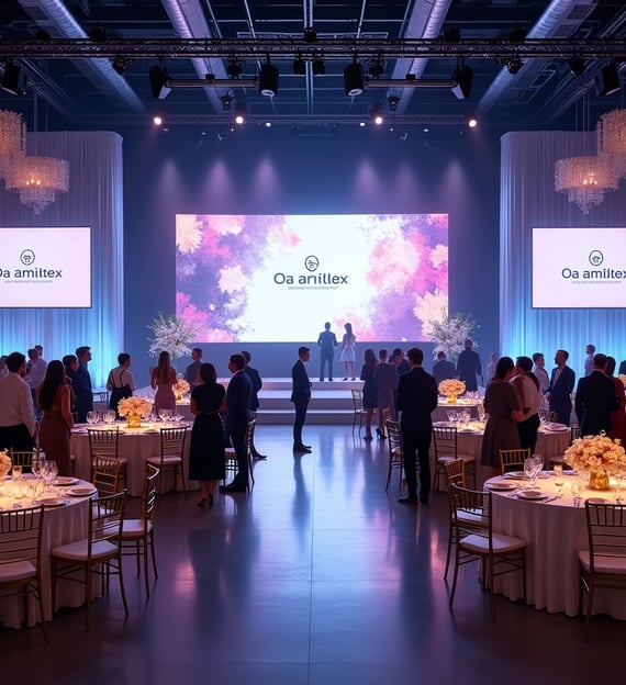 Luxury corporate event setup in Miami featuring branded LED stage, elegant tables with gold Chiavari chairs, minimalist flora