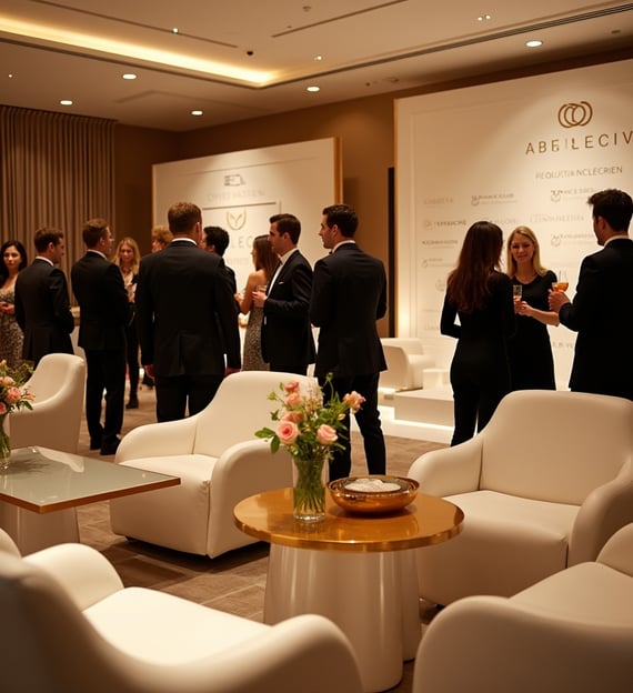 Luxury corporate networking event in Miami featuring elegant lounge seating, floral centerpieces, branded backdrop, and forma