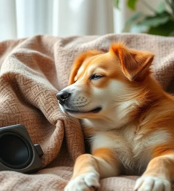 A doc resting and relaxing on a blanket. A speaker next to him is playing some relaxing music.