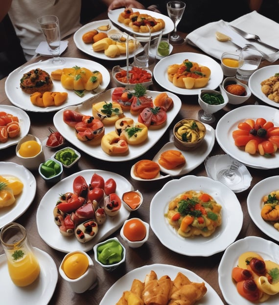 a table with plates of food and drinks