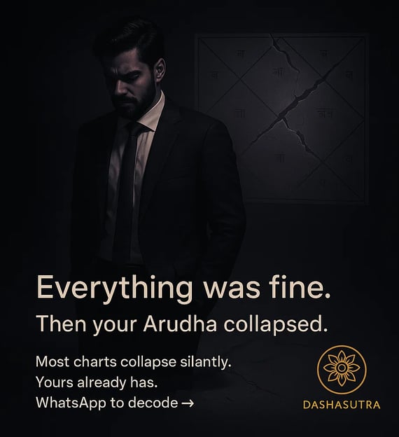 “Dark cinematic image of a man in a suit standing in shadow beside a cracked Vedic astrology chart.