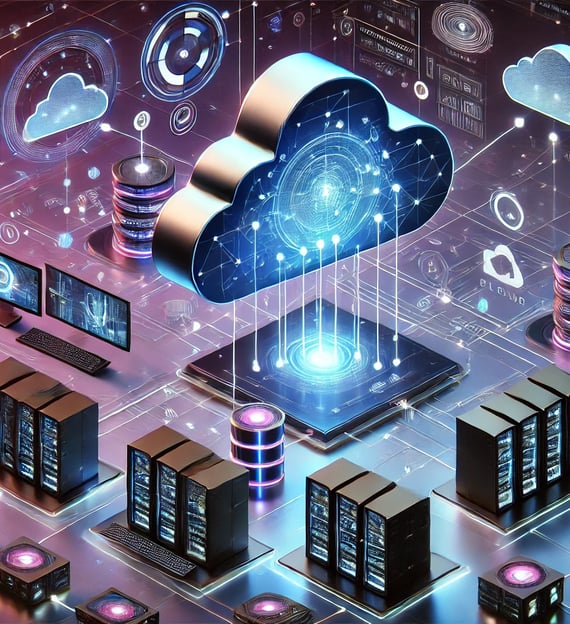 A futuristic illustration of a cloud infrastructure with servers, data centers, and connected device