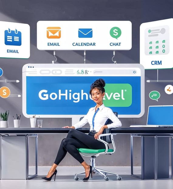 a marketer sitting confidently at a desk with multiple floating icons representing business tools