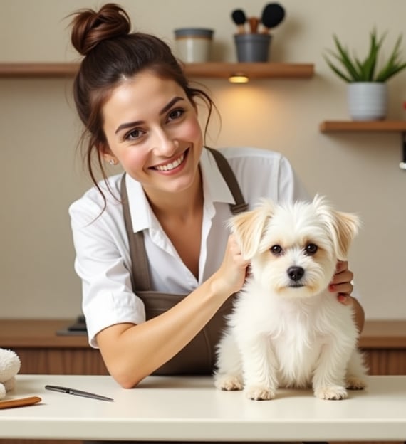 Profissional cuidando de um cachorro em um serviço de banho e tosa