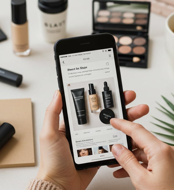 a woman is holding a phone shopping online.