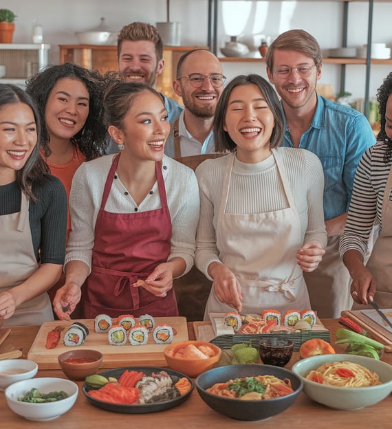 a group of people standing around a table with sushi