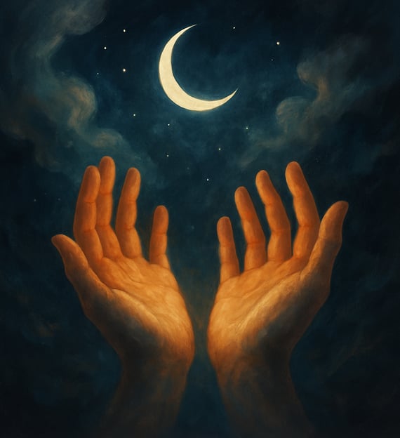 Two glowing hands reach upward beneath a crescent moon in a swirling night sky.