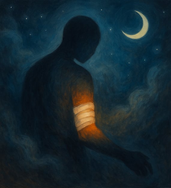 A glowing bandage wraps the arm of a shadowed figure beneath a crescent moon in a misty night sky.