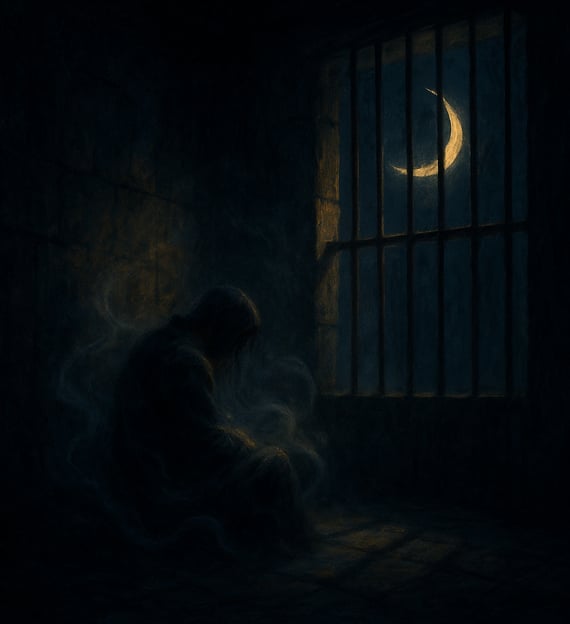 A solitary figure sits in a dark jail cell, bathed in moonlight from a barred window beneath a moon