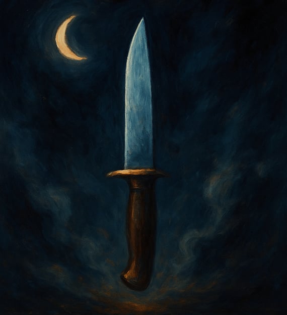 A glowing knife floats upright in swirling mist beneath a crescent moon in a dark night sky.