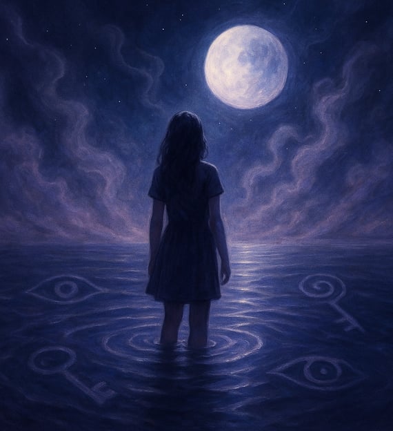 a woman standing in the water with a full moon in the background