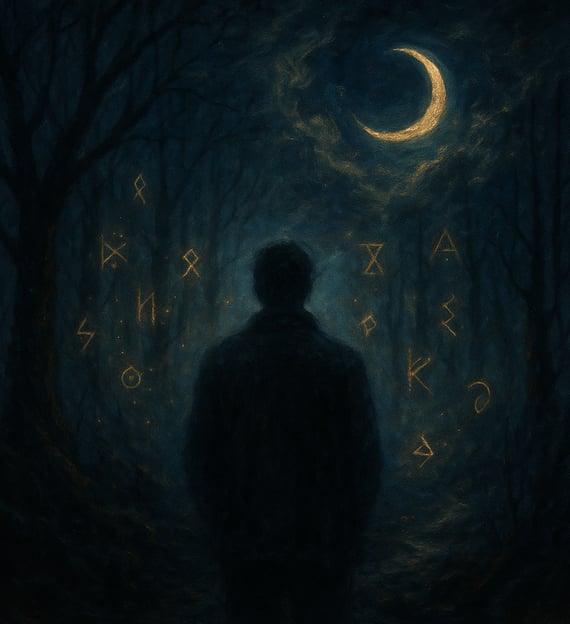 A figure stands lost in a misty forest under a crescent moon, glowing runes floating around them.