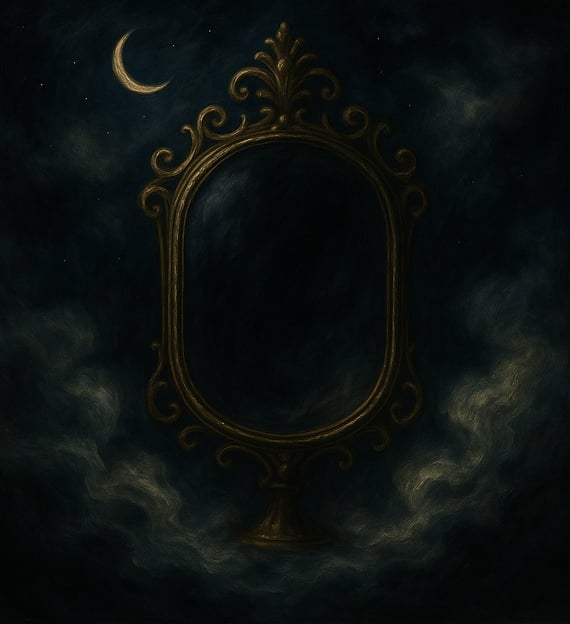 An ornate antique mirror floats in swirling night clouds beneath a crescent moon in a dark sky.