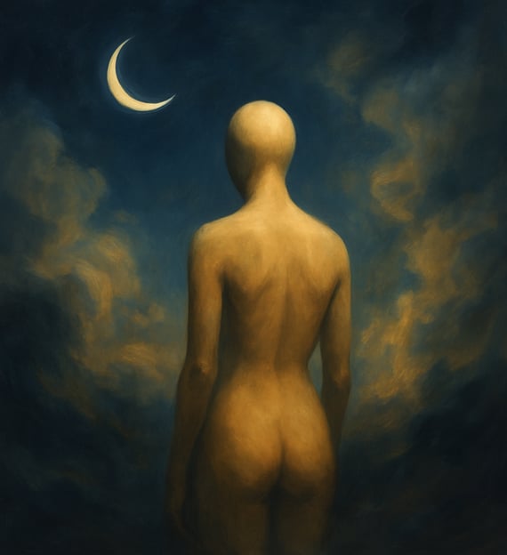 A faceless nude figure stands in glowing mist beneath a crescent moon in a dark, dreamlike sky.