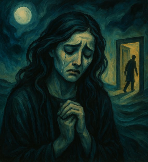 a painting of a woman with a teary face and a man in a black