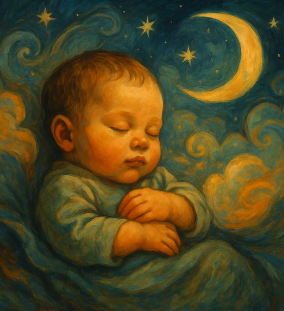 Sleeping baby in swirling clouds beneath a glowing moon.