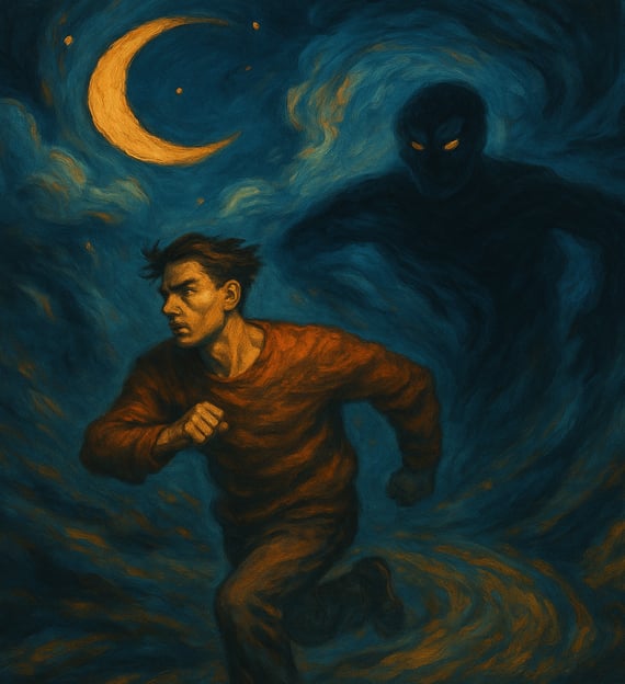 A man runs under a crescent moon, chased by a dark shadowy figure swirling in mist.
