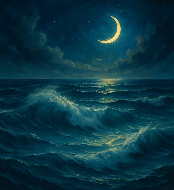 Moonlight reflects on deep blue ocean waves beneath a crescent moon and swirling night sky.