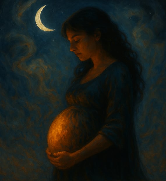 A serene pregnant woman cradles her glowing belly beneath a crescent moon in a misty night sky.