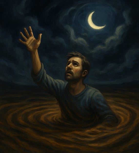A man reaches upward while sinking in glowing quicksand beneath a crescent moon and swirling clouds.