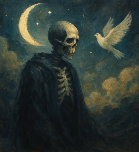 A cloaked skeleton stands under a crescent moon as a white dove flies away through swirling clouds.