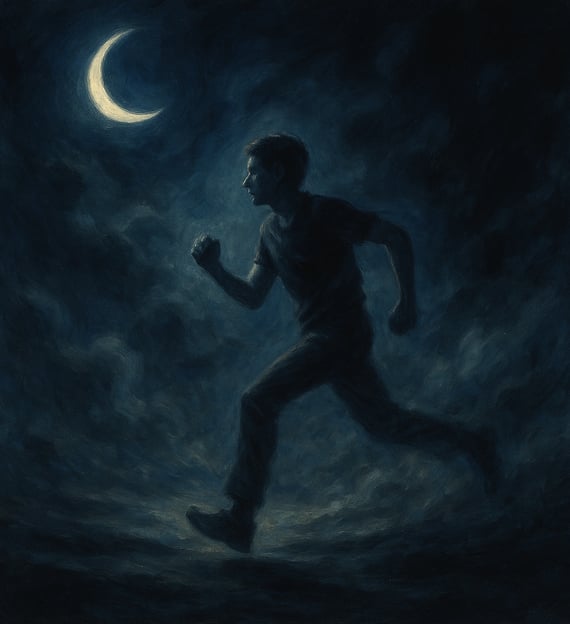 A lone figure runs through swirling night mist beneath a crescent moon in a dreamlike sky.