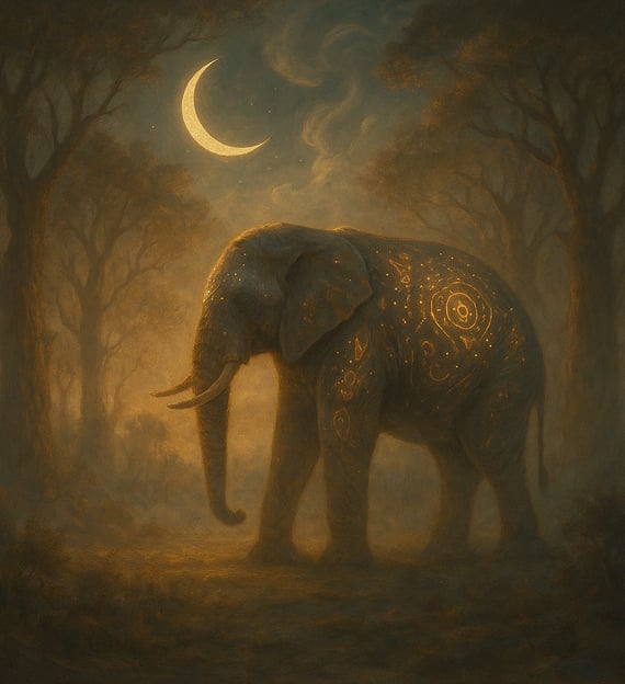 A glowing elephant with tribal markings stands in a misty forest beneath a crescent moon.