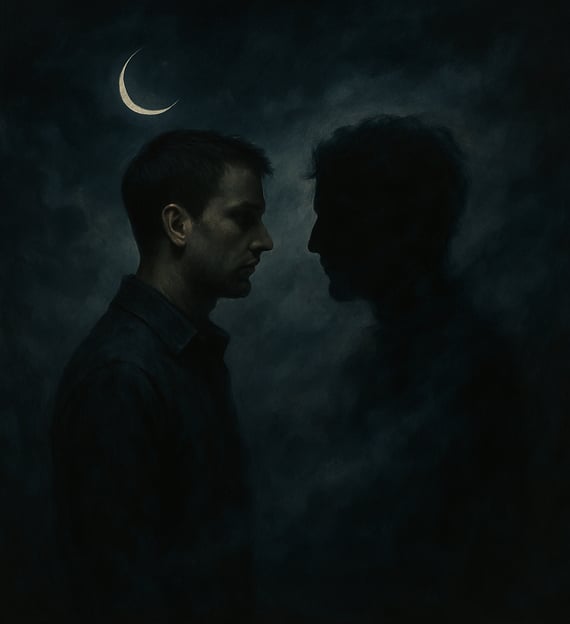 A man stands face-to-face with his shadow beneath a crescent moon in swirling mist.