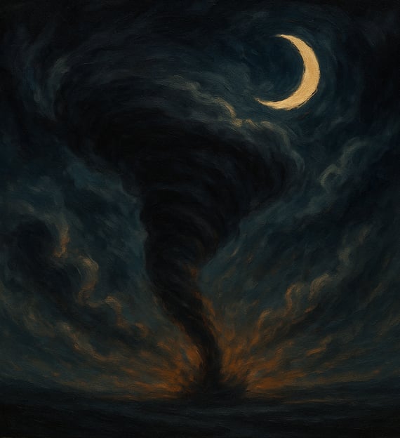 A swirling tornado rises beneath a crescent moon, glowing with orange light against a dark, sky.