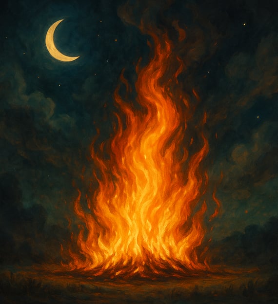 A large fire blazes beneath a crescent moon, casting warm light through swirling night clouds.