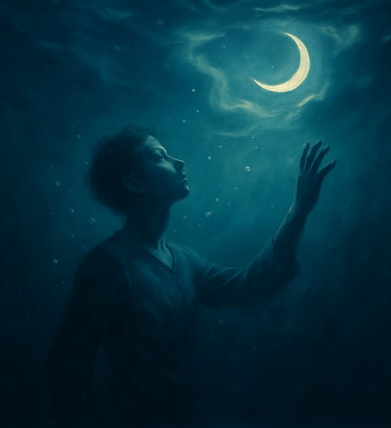 A figure floats underwater reaching toward a glowing crescent moon above, surrounded by ripples.
