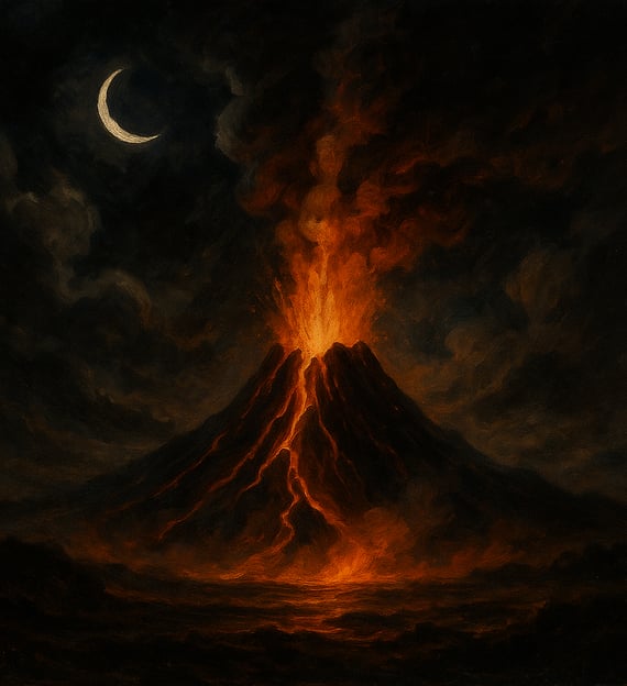 An erupting volcano beneath a crescent moon with glowing lava and dark clouds.
