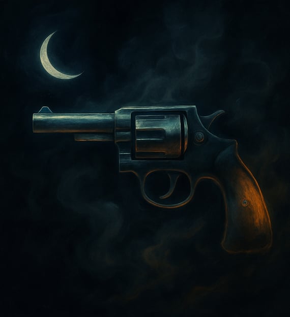A glowing revolver floats in swirling smoke beneath a crescent moon in a dark sky.