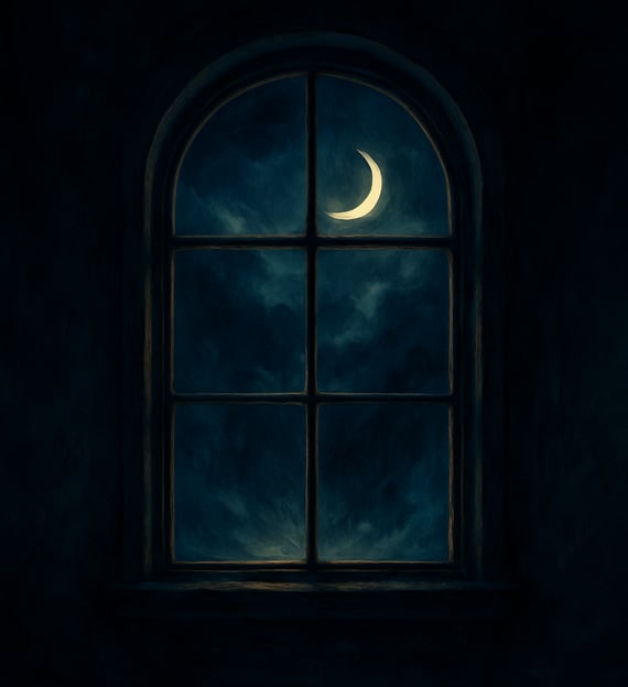 A glowing crescent moon is seen through an arched window in a dark room filled with mist.