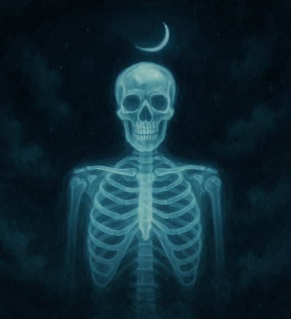 A glowing blue X-ray of a human skeleton stands beneath a crescent moon in a dark, starry sky.