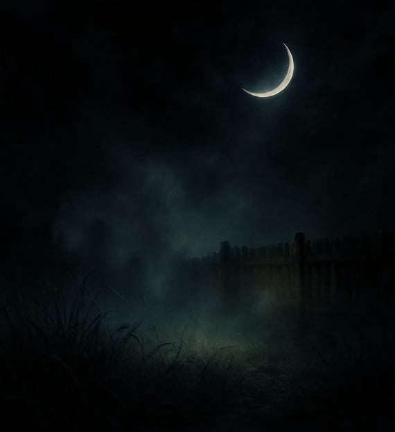 A moonlit yard with mist, overgrown grass, and a broken fence beneath a crescent moon.
