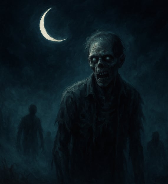 A zombie stands under a crescent moon surrounded by swirling mist.