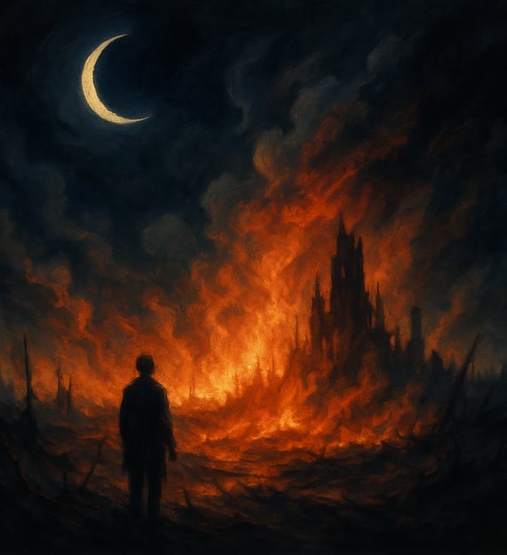 A lone figure watches a city burn beneath a crescent moon in a fiery, apocalyptic dreamscape.