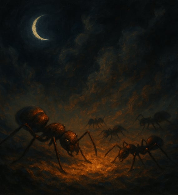 Large glowing ants crawl across illuminated ground beneath a moon in a dark, dreamlike night.