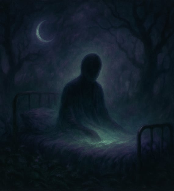 A faceless figure awakens in a glowing bed under a crescent moon in a shadowy forest.