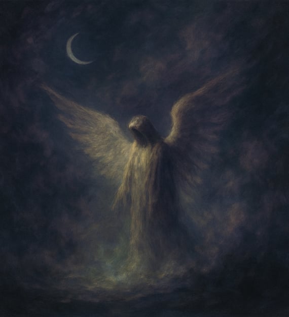 A glowing angel with wings stands in mist beneath a crescent moon.