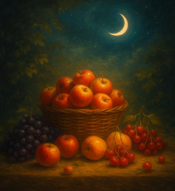 A basket of apples and fruit sits on a table beneath a crescent moon in a glowing, moonlit forest.