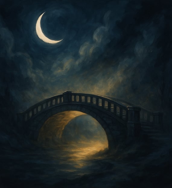 A stone bridge arches over glowing mist beneath a crescent moon in a dreamlike night sky.