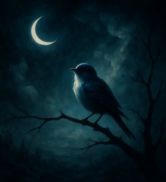 A lone bird perches on a bare branch beneath a crescent moon in a misty night sky.