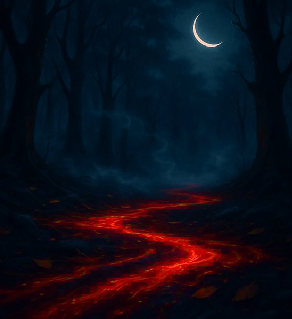 A glowing red stream of blood winds through a dark forest beneath a crescent moon.
