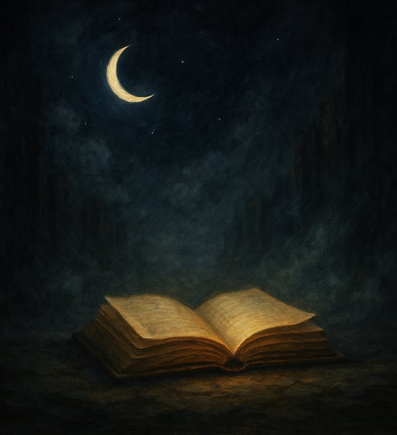A glowing open book rests under a crescent moon in a dark, misty night scene